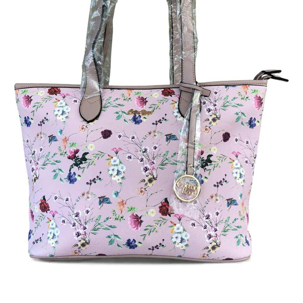 Cotton Road Handbag: PINK PU LEATHER with FLORAL Panel front