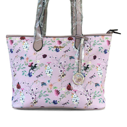 Cotton Road Handbag: PINK PU LEATHER with FLORAL Panel front