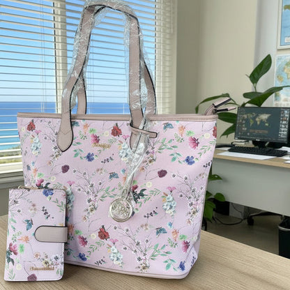 Cotton Road Handbag: PINK PU LEATHER with FLORAL Panel and Matching Wallet