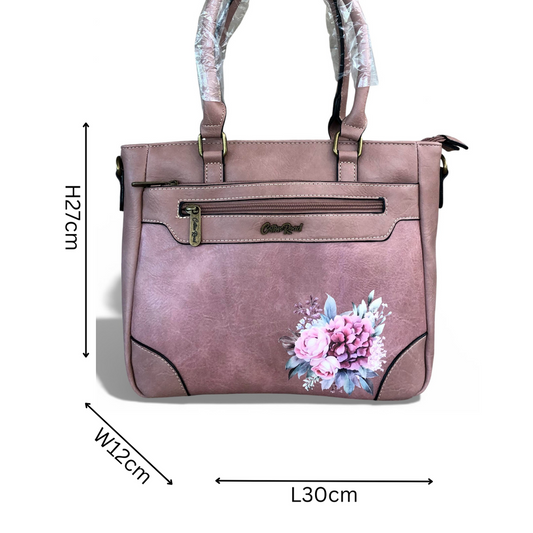Cotton Road Handbag: PINK PU Leather Handbag with FLORAL Design