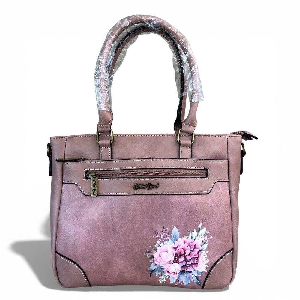 Cotton Road Handbag: PINK PU Leather Handbag with FLORAL Design