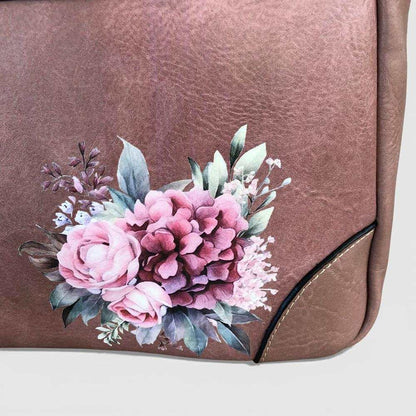 Cotton Road Handbag: PINK PU Leather Handbag with FLORAL Design