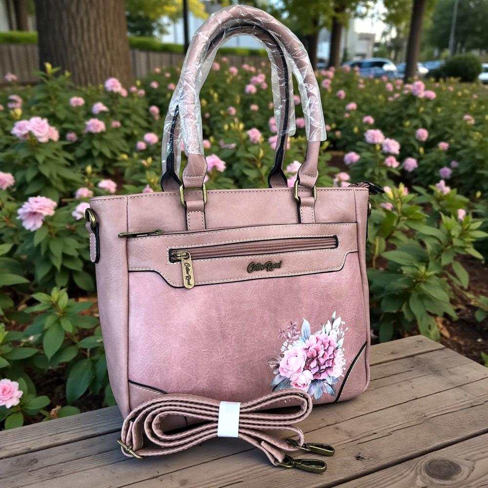 Cotton Road Handbag: PINK PU Leather Handbag with FLORAL Design