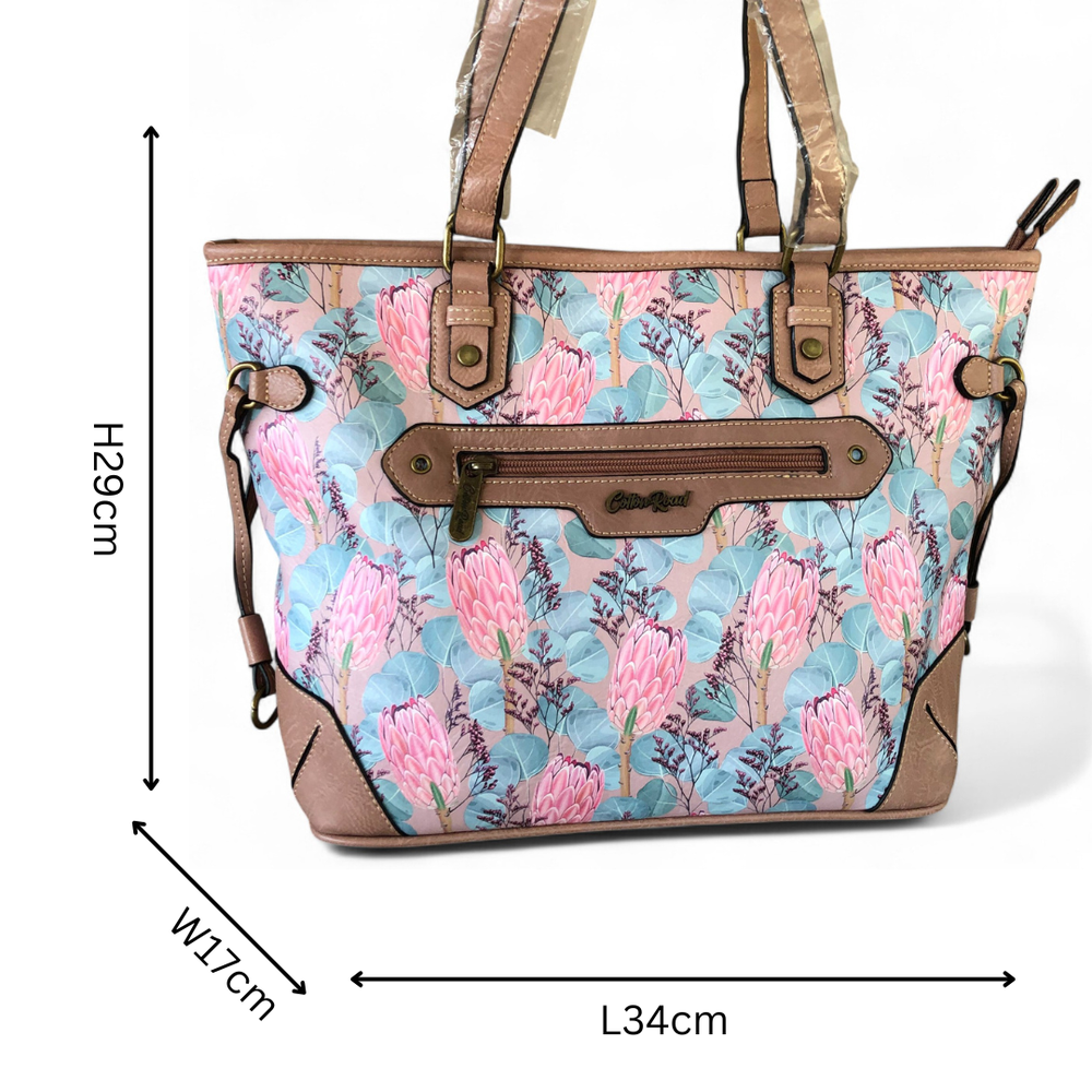 Cotton Road Handbag: PINK PU Leather Handbag with PROTEAS
