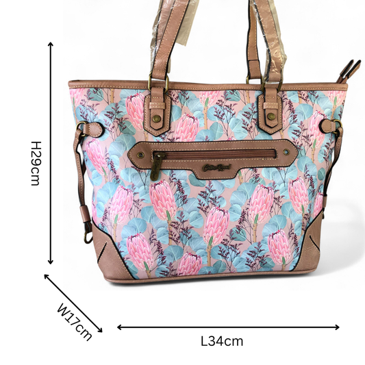 Cotton Road Handbag: PINK PU Leather Handbag with PROTEAS