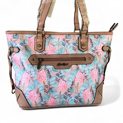 Cotton Road Handbag: PINK PU Leather Handbag with PROTEAS