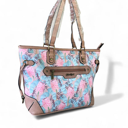 Cotton Road Handbag: PINK PU Leather Handbag with PROTEAS