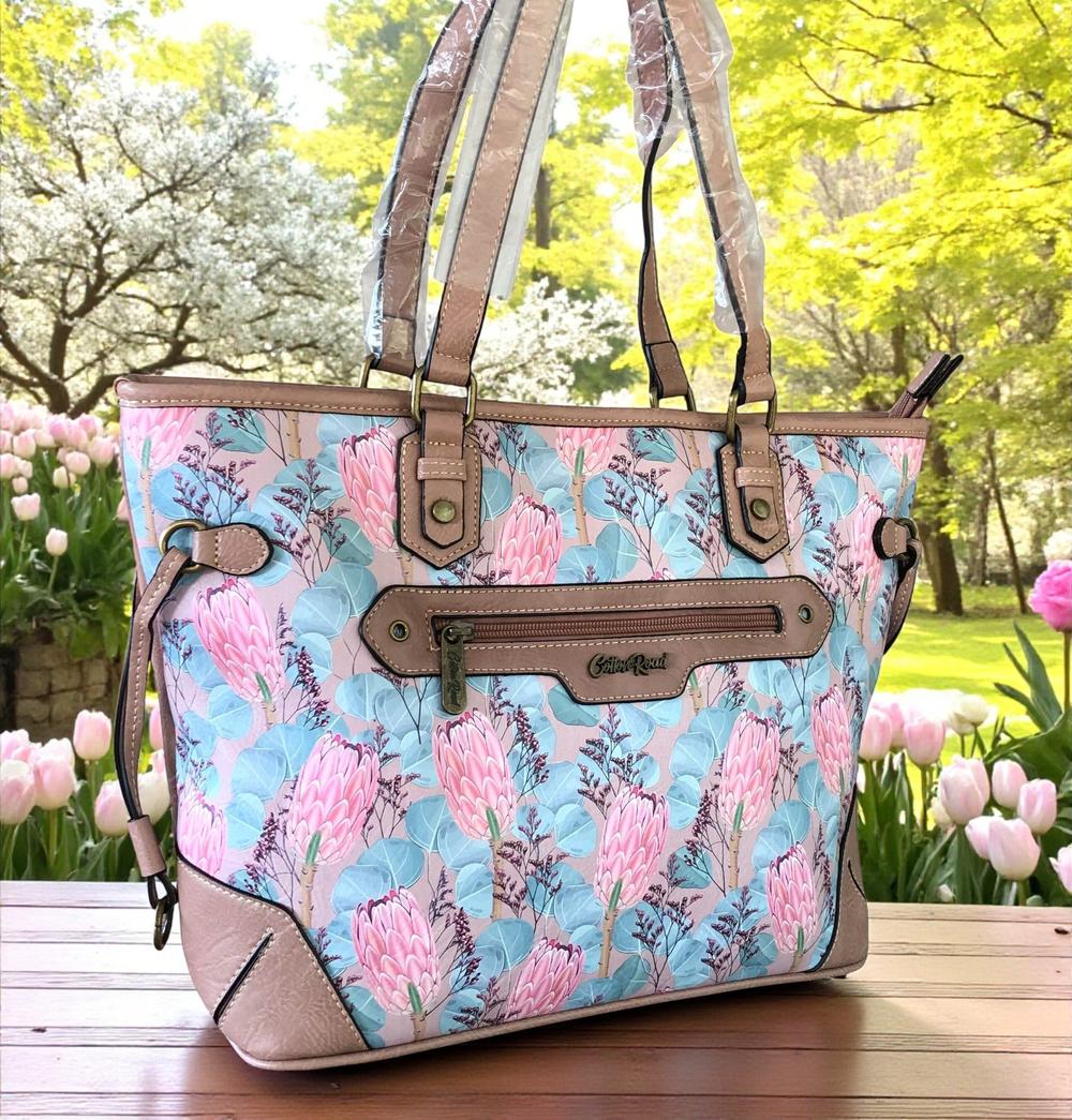 Cotton Road Handbag: PINK PU Leather Handbag with PROTEAS