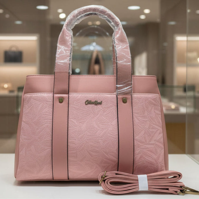 Cotton Road Handbag: PINK PU Leather with LEAF Design