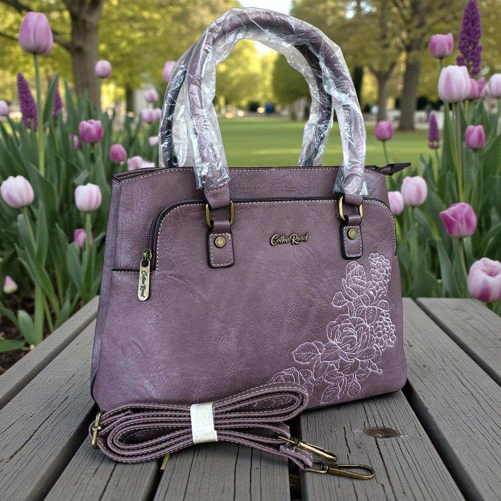 Cotton Road Handbag: PURPLE PU Leather Bag with EMBROIDERY