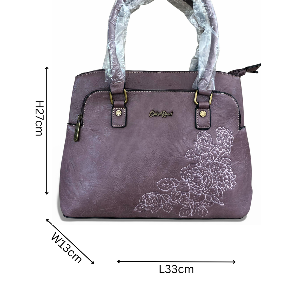 Cotton Road Handbag: PURPLE PU Leather Bag with EMBROIDERY