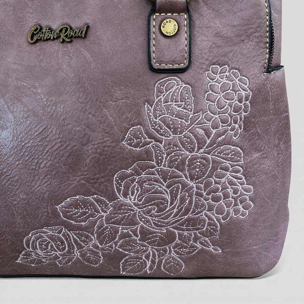 Cotton Road Handbag: PURPLE PU Leather Bag with EMBROIDERY