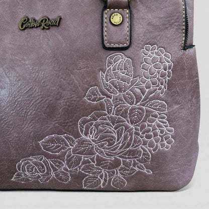 Cotton Road Handbag: PURPLE PU Leather Bag with EMBROIDERY