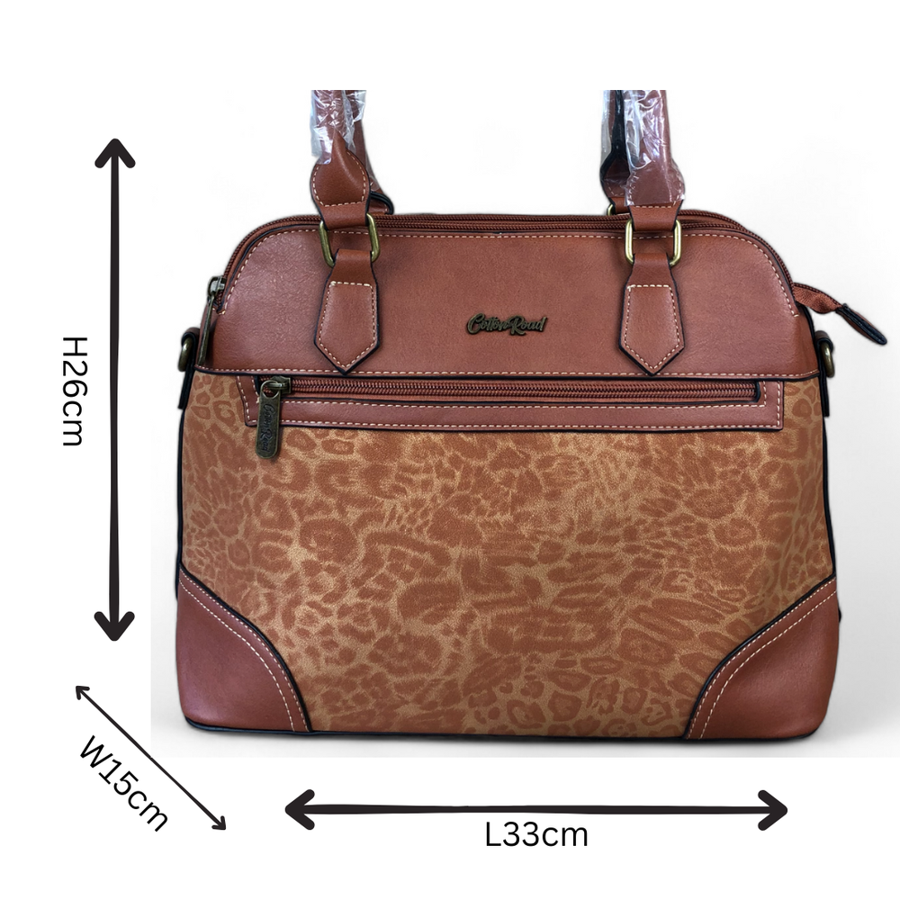 Cotton Road Handbag: TAN PU Leather Handbag with LEOPARD PRINT Panel