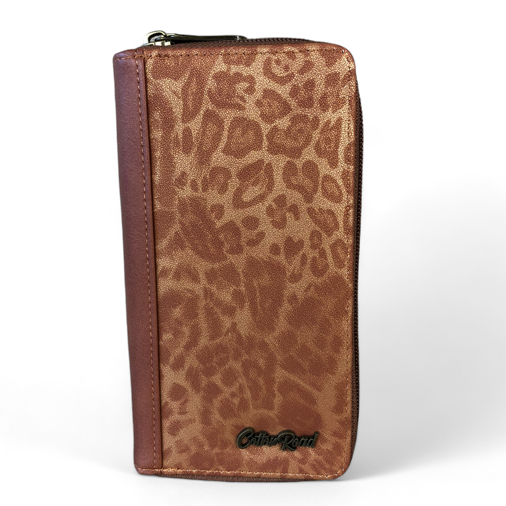 Cotton Road Handbag: TAN PU Leather Handbag with LEOPARD PRINT Panel and matching wallet