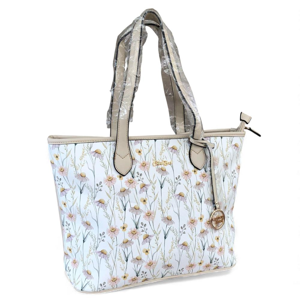 Cotton Road IVORY PU LEATHER Handbag with FLORAL Panel
