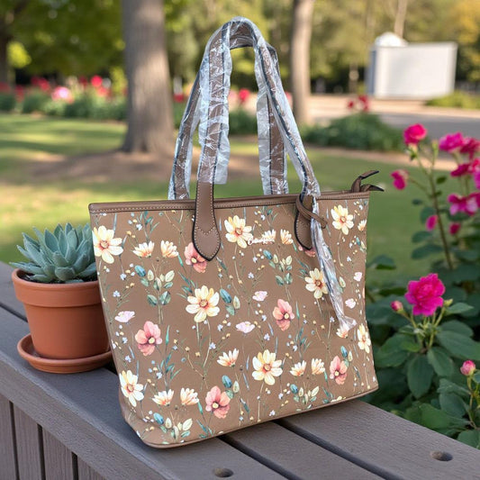 Cotton Road KHAKI PU LEATHER Handbag with FLORAL Panel