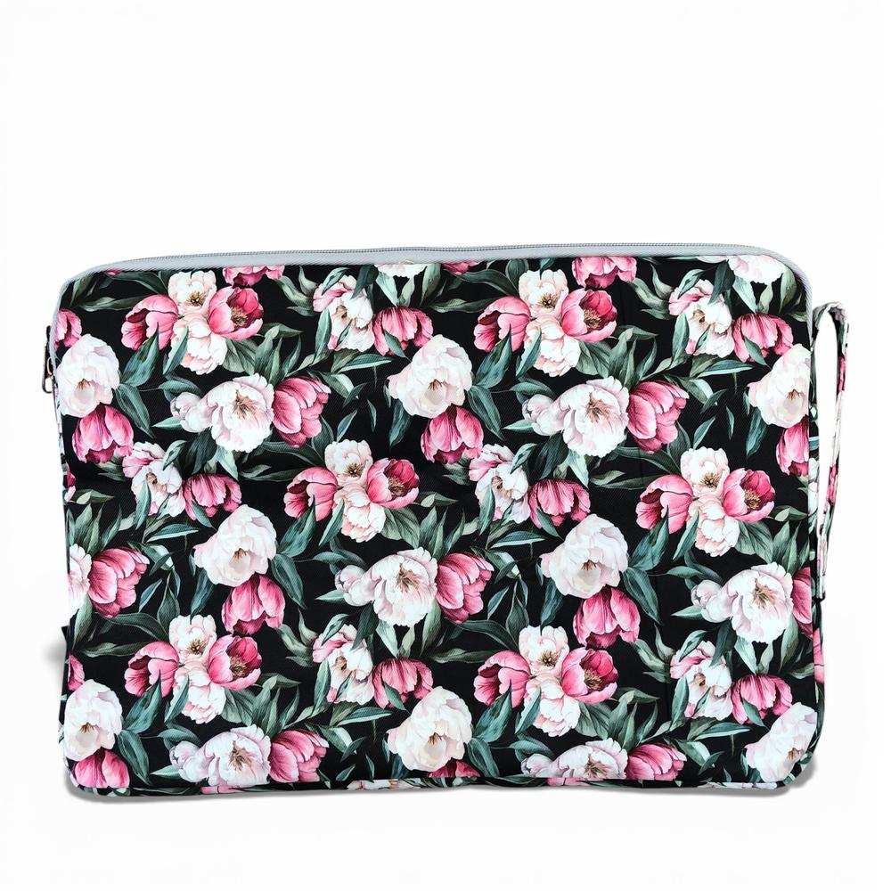 Cotton Road Laptop Bag: BLACK FLORAL Canvas Laptop Bag with GREY Trim and Matching Sleeve COMBO