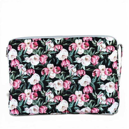 Cotton Road Laptop Bag: BLACK FLORAL Canvas Laptop Bag with GREY Trim and Matching Sleeve COMBO