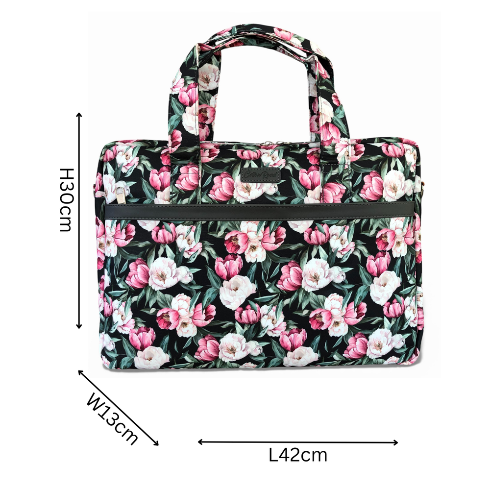 Cotton Road Laptop Bag: BLACK FLORAL Canvas Laptop Bag with GREY Trim and Matching Sleeve COMBO