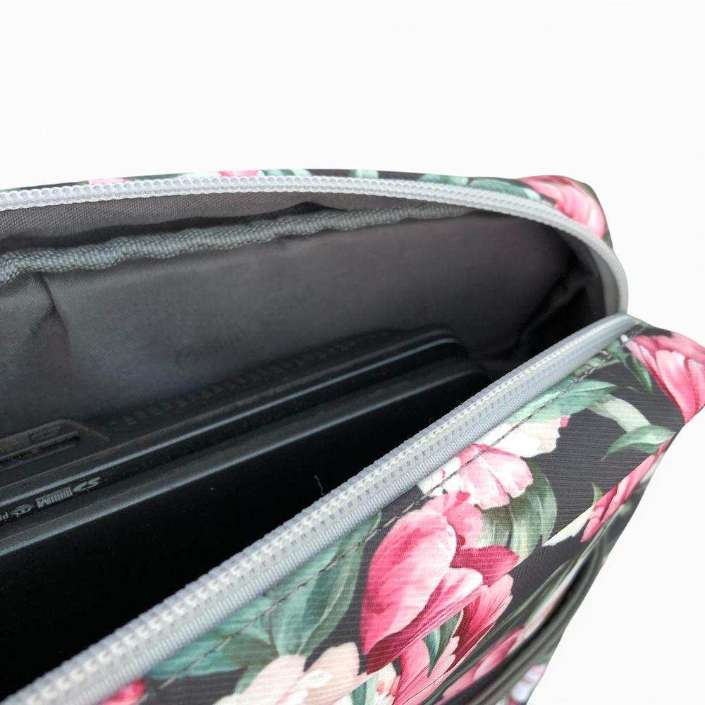 Cotton Road Laptop Bag: BLACK FLORAL Canvas Laptop Bag with GREY Trim and Matching Sleeve COMBO