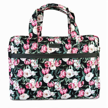Cotton Road Laptop Bag: BLACK FLORAL Canvas Laptop Bag with GREY Trim and Matching Sleeve COMBO