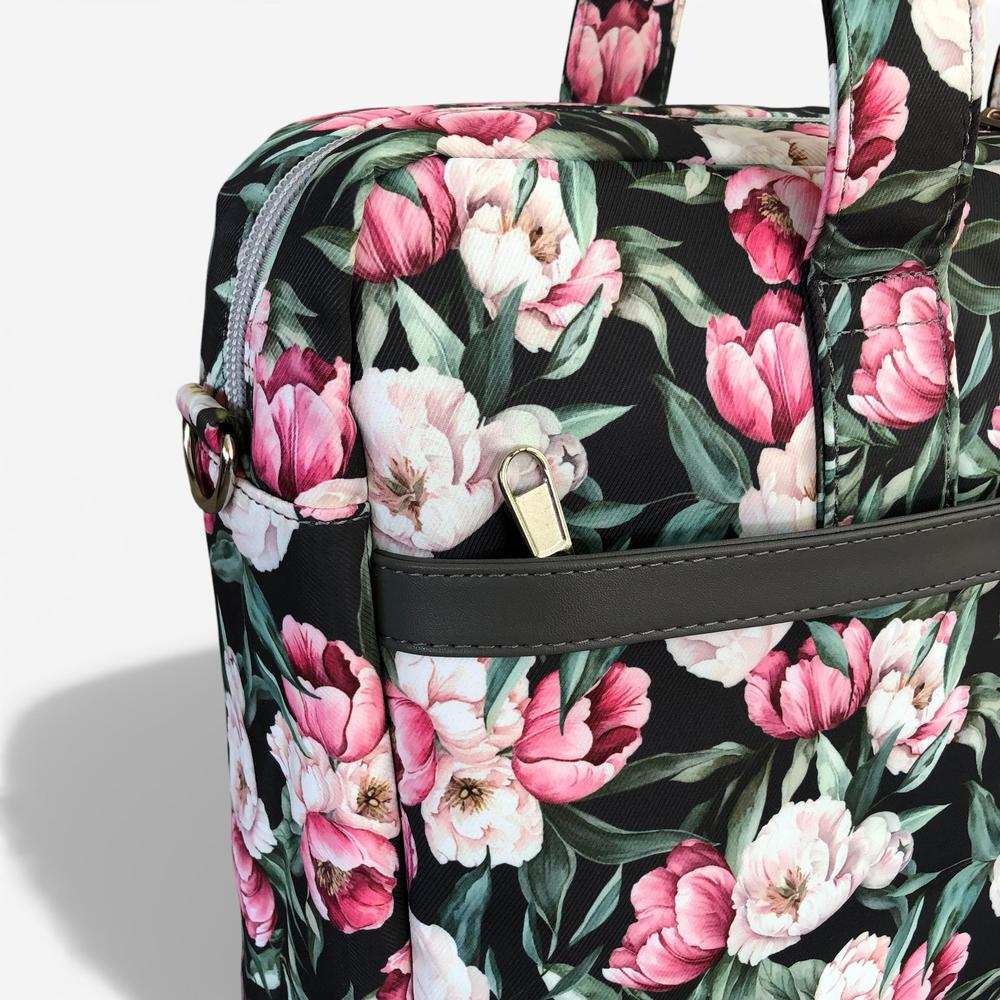 Cotton Road Laptop Bag: BLACK FLORAL Canvas Laptop Bag with GREY Trim and Matching Sleeve COMBO