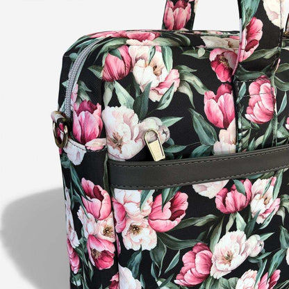 Cotton Road Laptop Bag: BLACK FLORAL Canvas Laptop Bag with GREY Trim and Matching Sleeve COMBO