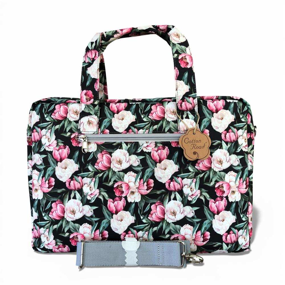 Cotton Road Laptop Bag: BLACK FLORAL Canvas Laptop Bag with GREY Trim and Matching Sleeve COMBO