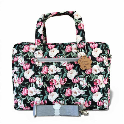 Cotton Road Laptop Bag: BLACK FLORAL Canvas Laptop Bag with GREY Trim and Matching Sleeve COMBO