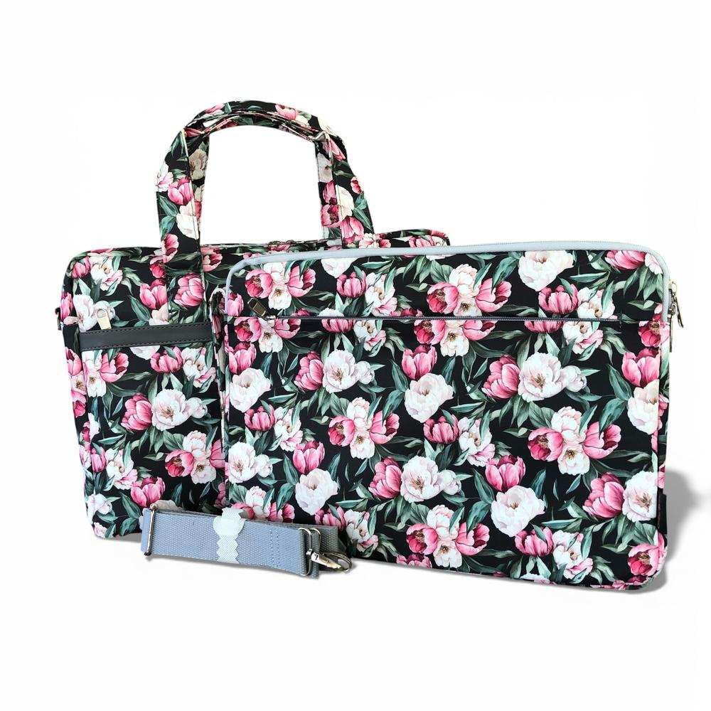 Cotton Road Laptop Bag: BLACK FLORAL Canvas Laptop Bag with GREY Trim and Matching Sleeve COMBO