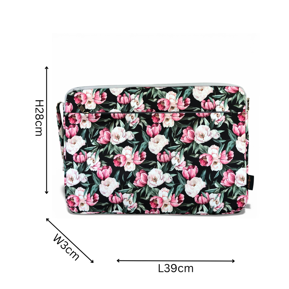Cotton Road Laptop Bag: BLACK FLORAL Canvas Laptop Bag with GREY Trim and Matching Sleeve COMBO