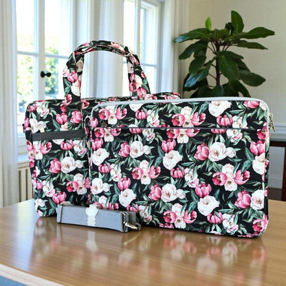 Cotton Road Laptop Bag: BLACK FLORAL Canvas Laptop Bag with GREY Trim and Matching Sleeve COMBO