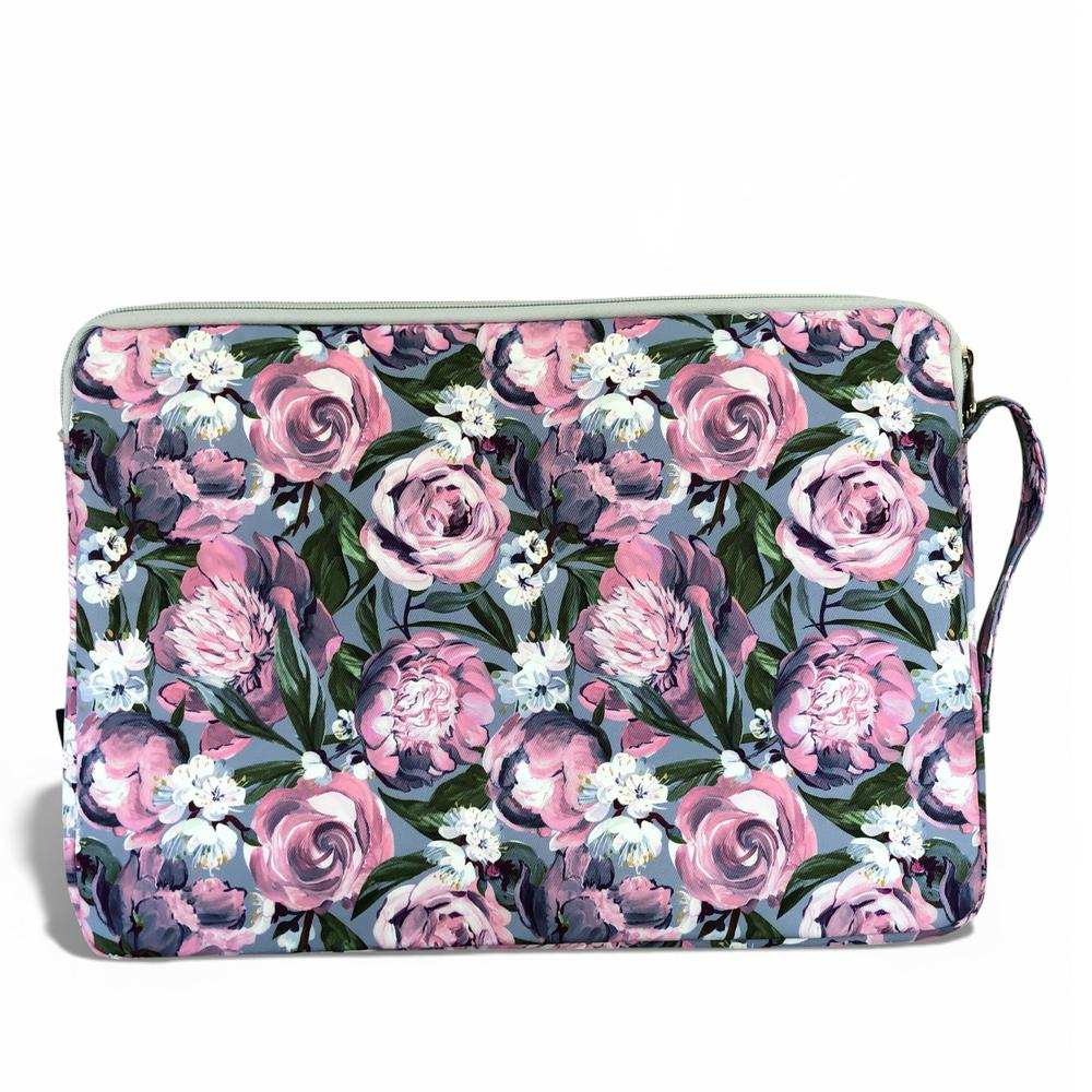 Cotton Road Laptop Bag: BLUE Canvas Laptop Bag with GREY Trim and Matching Sleeve with PURPLE PINK FLOWERS COMBO