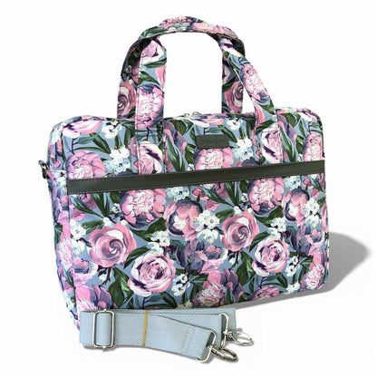 Cotton Road Laptop Bag: BLUE Canvas Laptop Bag with GREY Trim and Matching Sleeve with PURPLE PINK FLOWERS COMBO