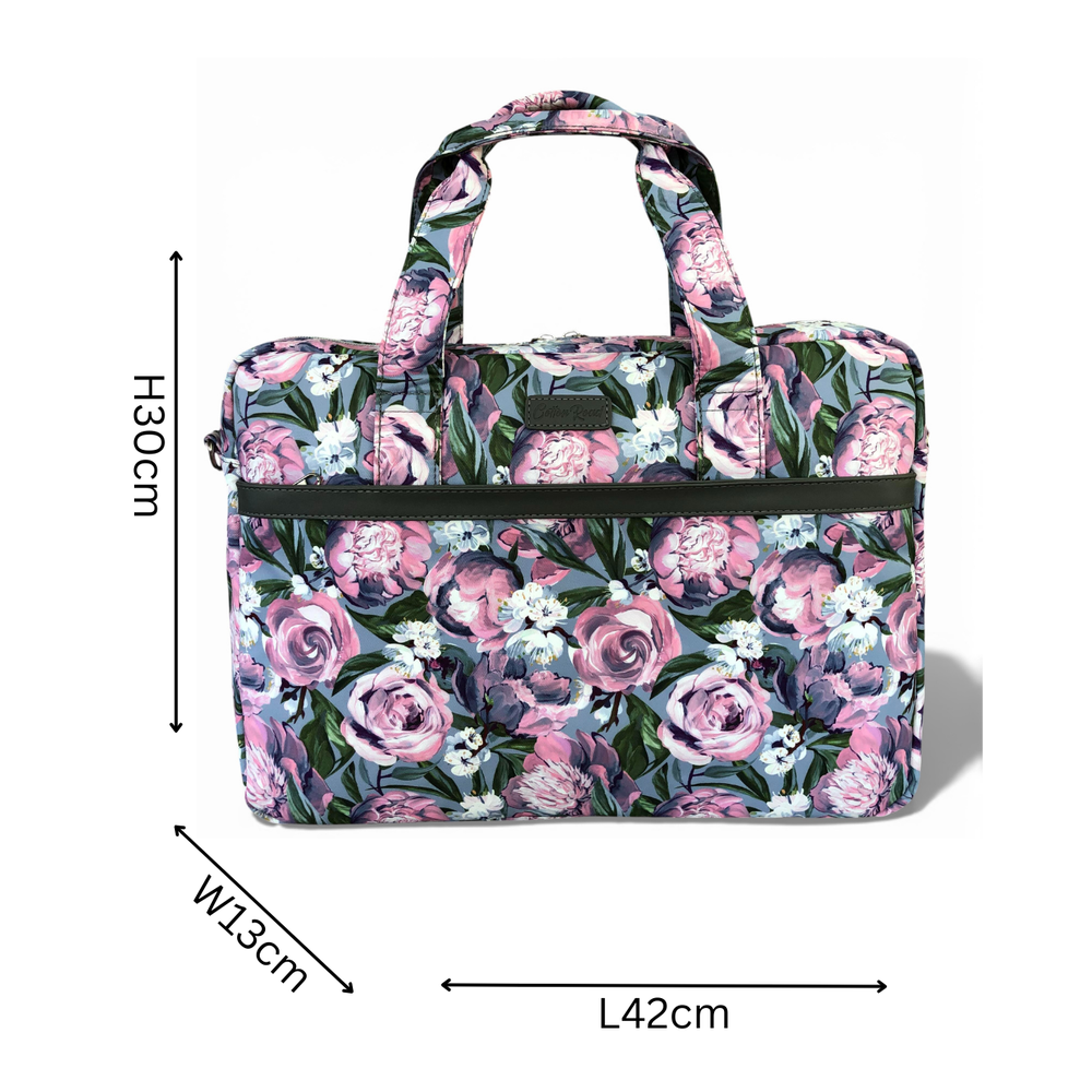 Cotton Road Laptop Bag: BLUE Canvas Laptop Bag with GREY Trim and Matching Sleeve with PURPLE PINK FLOWERS COMBO