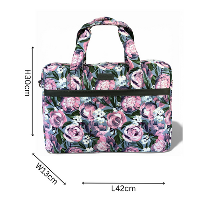Cotton Road Laptop Bag: BLUE Canvas Laptop Bag with GREY Trim and Matching Sleeve with PURPLE PINK FLOWERS COMBO