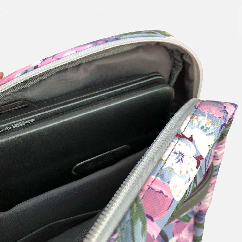 Cotton Road Laptop Bag: BLUE Canvas Laptop Bag with GREY Trim and Matching Sleeve with PURPLE PINK FLOWERS COMBO
