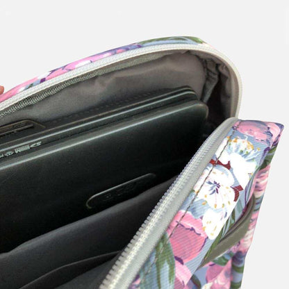 Cotton Road Laptop Bag: BLUE Canvas Laptop Bag with GREY Trim and Matching Sleeve with PURPLE PINK FLOWERS COMBO