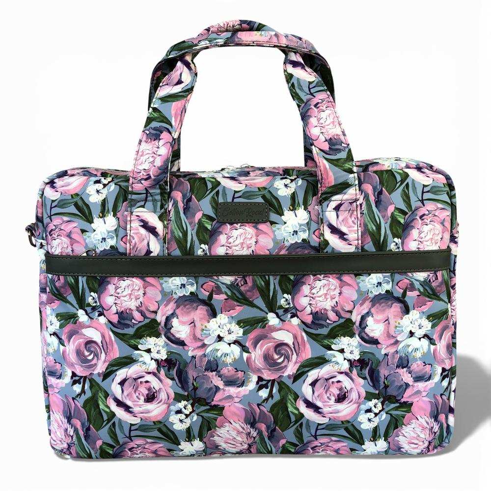 Cotton Road Laptop Bag: BLUE Canvas Laptop Bag with GREY Trim and Matching Sleeve with PURPLE PINK FLOWERS COMBO