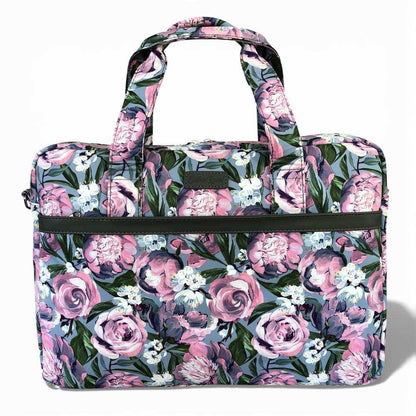 Cotton Road Laptop Bag: BLUE Canvas Laptop Bag with GREY Trim and Matching Sleeve with PURPLE PINK FLOWERS COMBO