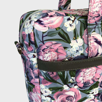 Cotton Road Laptop Bag: BLUE Canvas Laptop Bag with GREY Trim and Matching Sleeve with PURPLE PINK FLOWERS COMBO