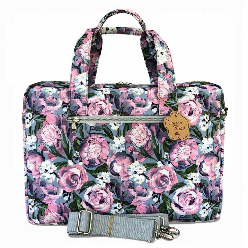 Cotton Road Laptop Bag: BLUE Canvas Laptop Bag with GREY Trim and Matching Sleeve with PURPLE PINK FLOWERS COMBO