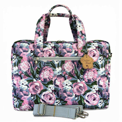 Cotton Road Laptop Bag: BLUE Canvas Laptop Bag with GREY Trim and Matching Sleeve with PURPLE PINK FLOWERS COMBO