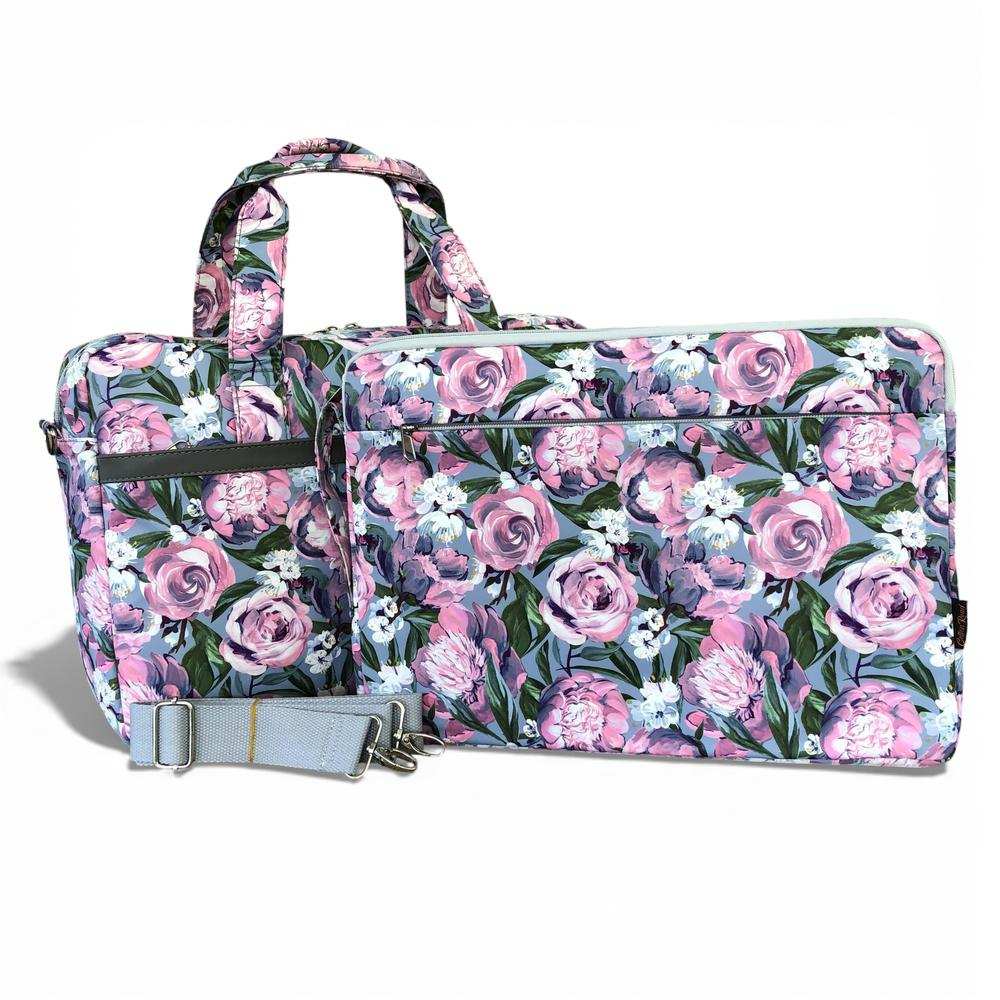 Cotton Road Laptop Bag: BLUE Canvas Laptop Bag with GREY Trim and Matching Sleeve with PURPLE PINK FLOWERS COMBO