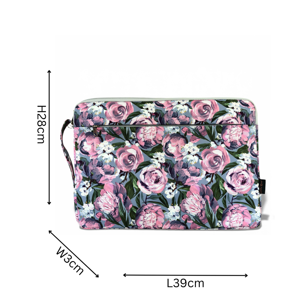 Cotton Road Laptop Bag: BLUE Canvas Laptop Bag with GREY Trim and Matching Sleeve with PURPLE PINK FLOWERS COMBO