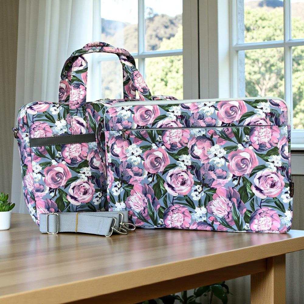 Cotton Road Laptop Bag: BLUE Canvas Laptop Bag with GREY Trim and Matching Sleeve with PURPLE PINK FLOWERS COMBO