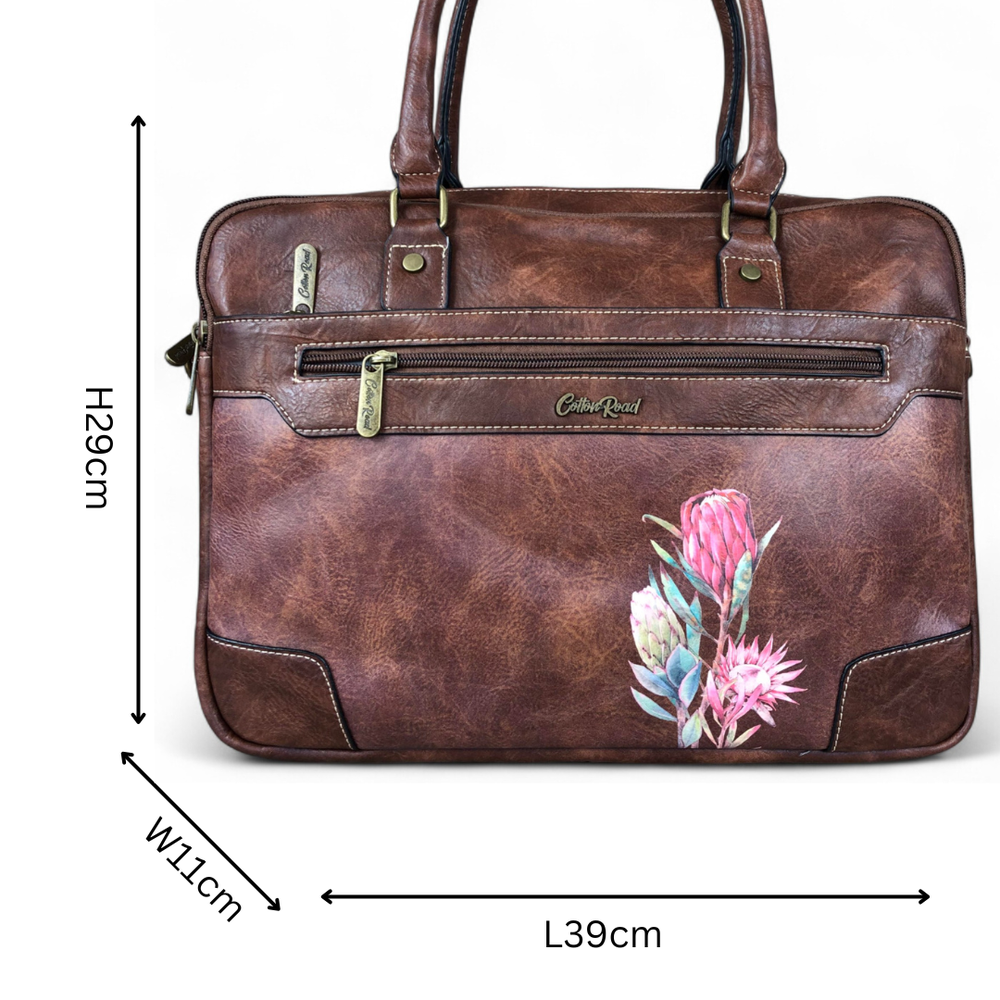 Cotton Road Laptop Bag: BROWN PU Leather Bag with PROTEAS