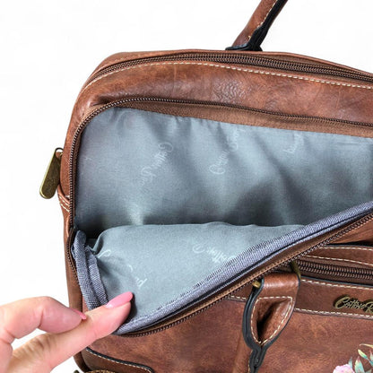 Cotton Road Laptop Bag: BROWN PU Leather Bag with PROTEAS