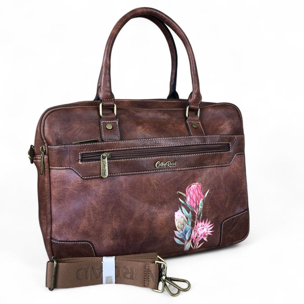 Cotton Road Laptop Bag: BROWN PU Leather Bag with PROTEAS